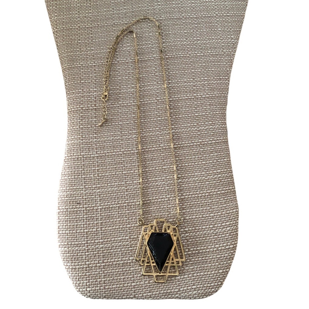 Gold Necklace Art Deco Black Center Stone Rollo Gold plated Chain Vintage 24” - Picture 8 of 10
